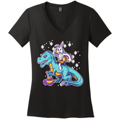 Funny Easter Bunny Riding T-Rex Women's V-Neck T-Shirt