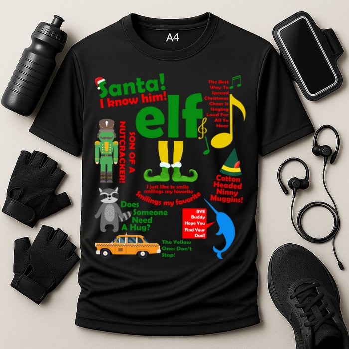 Funny Elf Santa Knows Him Christmas Cooling Performance Crew T-Shirt