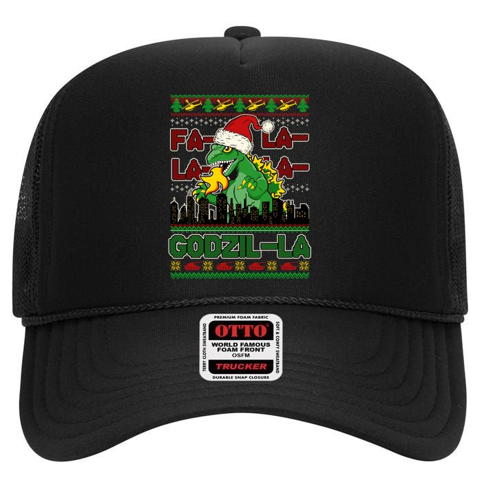 Funny Fa La La La Godzil-La Ugly Christmas Sweater High Crown Mesh Back Trucker Hat