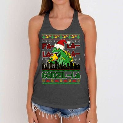 Funny Fa La La La Godzil-La Ugly Christmas Sweater Women's Knotted Racerback Tank