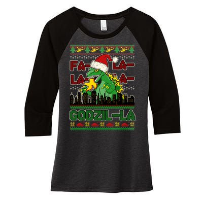 Funny Fa La La La Godzil-La Ugly Christmas Sweater Women's Tri-Blend 3/4-Sleeve Raglan Shirt