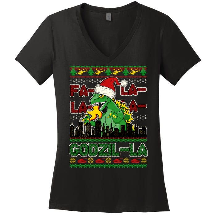 Funny Fa La La La Godzil-La Ugly Christmas Sweater Women's V-Neck T-Shirt