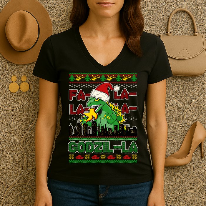 Funny Fa La La La Godzil-La Ugly Christmas Sweater Women's V-Neck T-Shirt