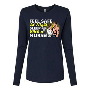 Funny Feel Safe at Night Sleep With a Nurse! Womens Cotton Relaxed Long Sleeve T-Shirt