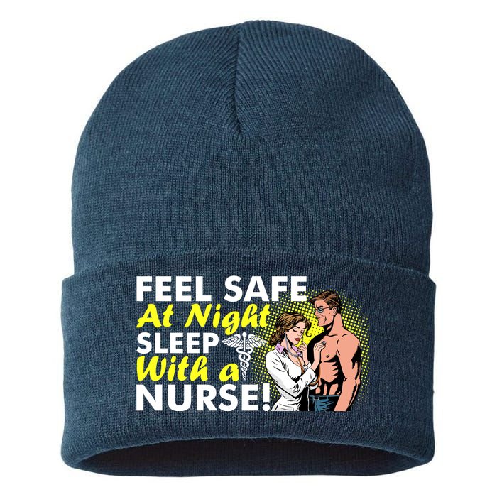 Funny Feel Safe at Night Sleep With a Nurse! Sustainable Knit Beanie