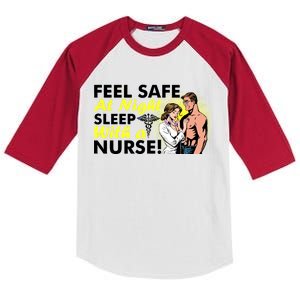 Funny Feel Safe at Night Sleep With a Nurse! Kids Colorblock Raglan Jersey