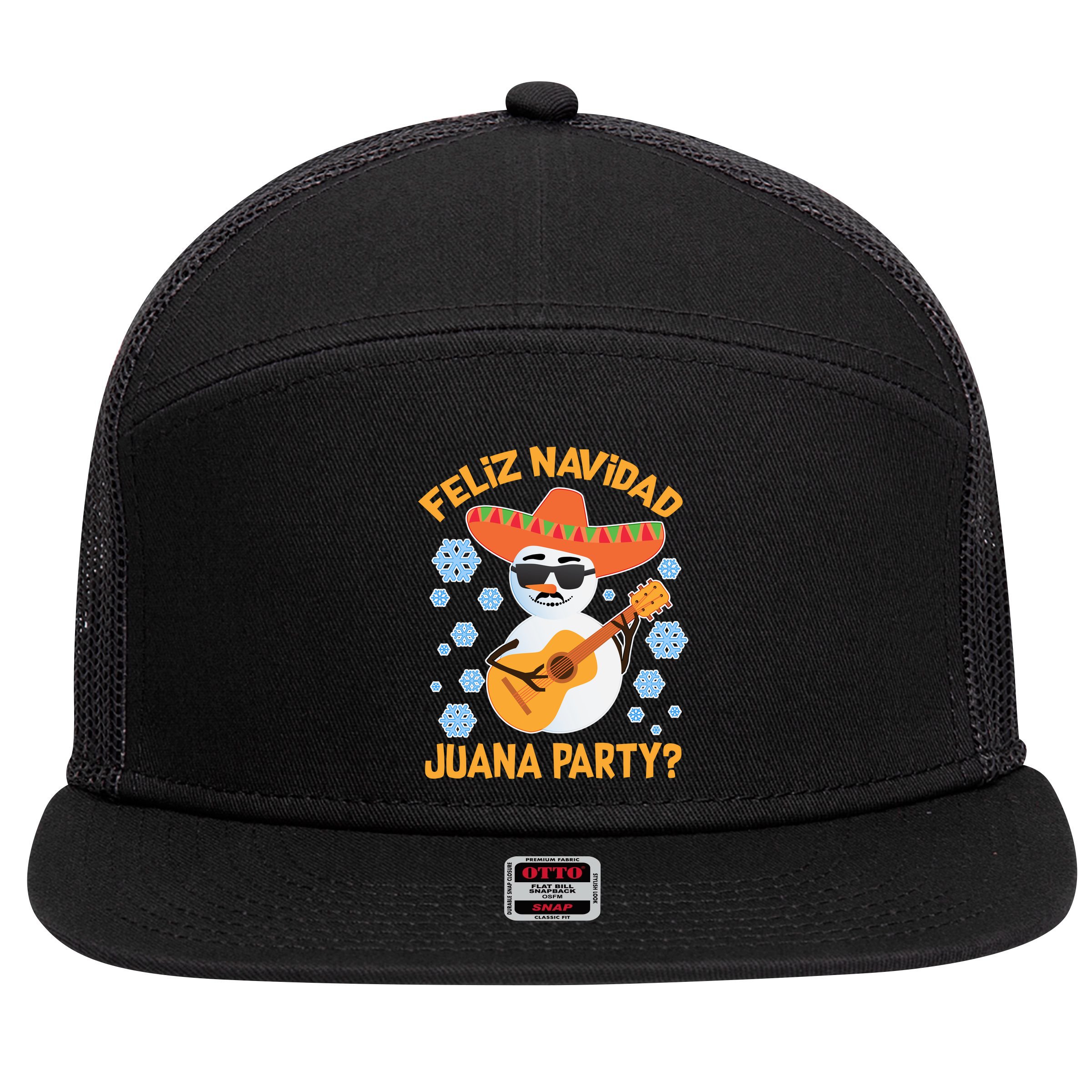 Funny Feliz Navidad Juana Party Snowman 7 Panel Mesh Trucker Snapback Hat