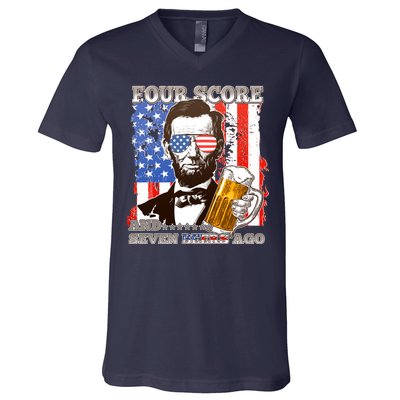 Funny Four Score And Seven Beers Ago Abe Lincoln V-Neck T-Shirt