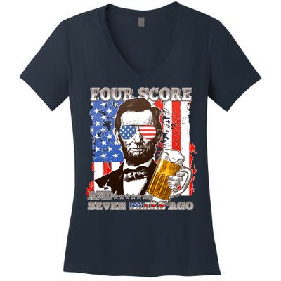 Funny Four Score And Seven Beers Ago Abe Lincoln Women's V-Neck T-Shirt