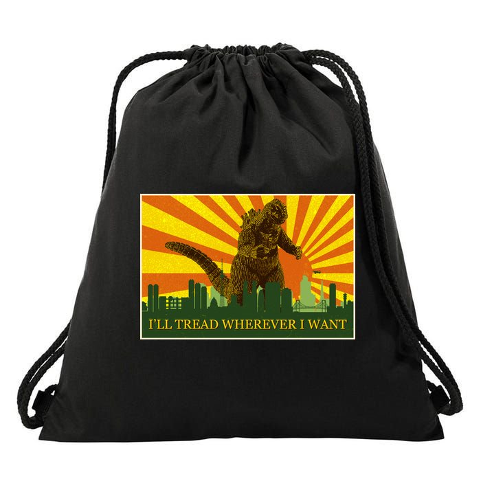 Funny Godzilla I'll Tread Wherever I Want Meme Drawstring Bag