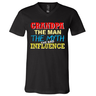 Funny Grandpa Man Myth The Bad Influence V-Neck T-Shirt