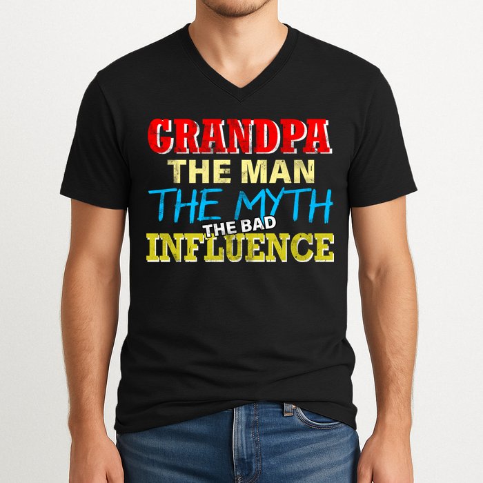 Funny Grandpa Man Myth The Bad Influence V-Neck T-Shirt