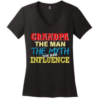 Funny Grandpa Man Myth The Bad Influence Women's V-Neck T-Shirt