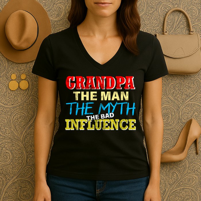 Funny Grandpa Man Myth The Bad Influence Women's V-Neck T-Shirt