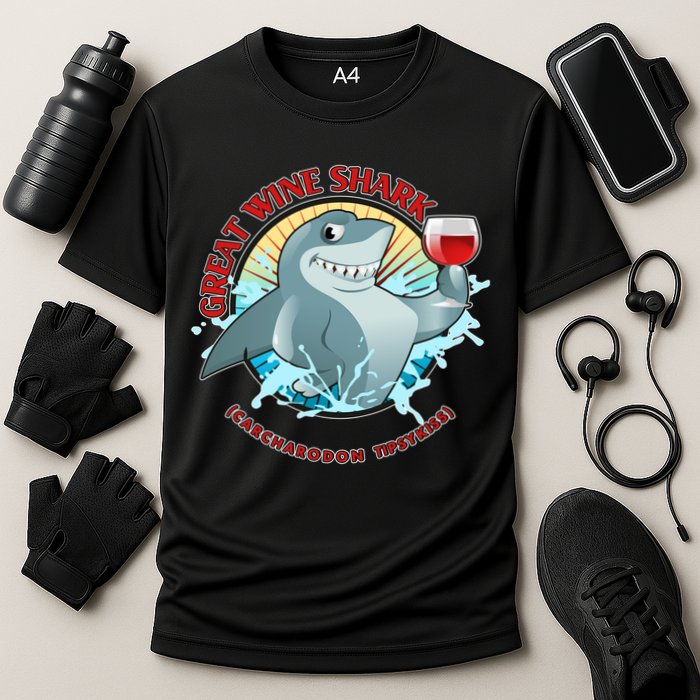 Funny Great Wine Shark Emblem Cooling Performance Crew T-Shirt