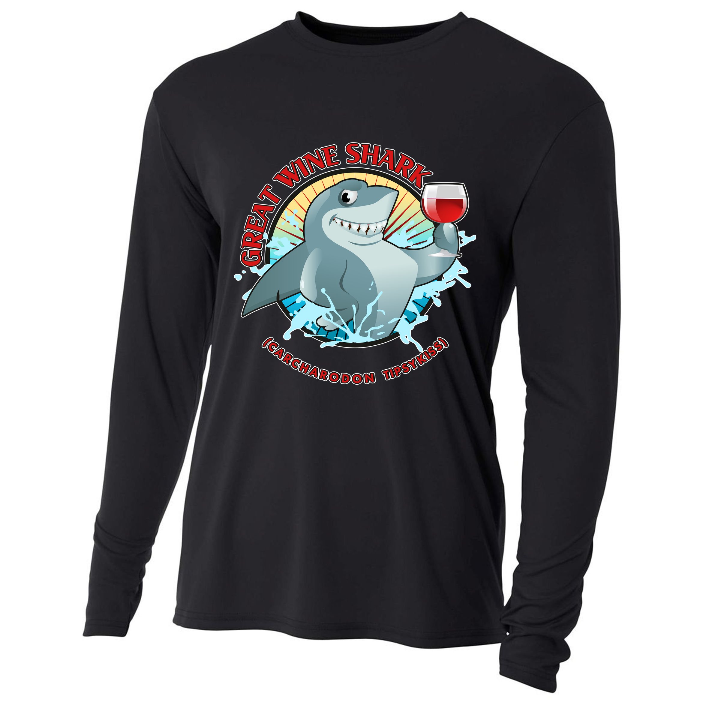 Funny Great Wine Shark Emblem Cooling Performance Long Sleeve Crew