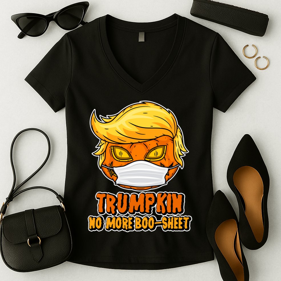 Funny Halloween Trumpkin No More Boo-Sheet Women's V-Neck T-Shirt