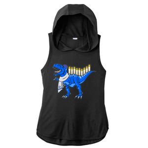 Funny Hanukah Menorasaurus T-Rex Dinosaur Ladies PosiCharge Tri-Blend Wicking Draft Hoodie Tank