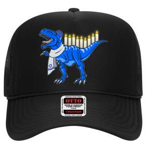 Funny Hanukah Menorasaurus T-Rex Dinosaur High Crown Mesh Back Trucker Hat