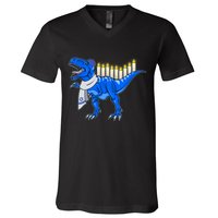 Funny Hanukah Menorasaurus T-Rex Dinosaur V-Neck T-Shirt