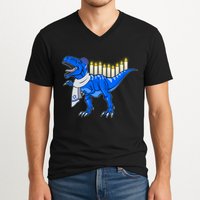 Funny Hanukah Menorasaurus T-Rex Dinosaur V-Neck T-Shirt