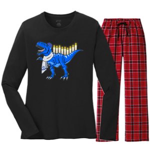 Funny Hanukah Menorasaurus T-Rex Dinosaur Women's Long Sleeve Flannel Pajama Set 