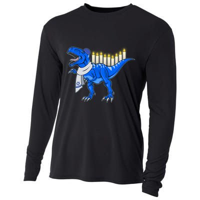 Funny Hanukah Menorasaurus T-Rex Dinosaur Cooling Performance Long Sleeve Crew