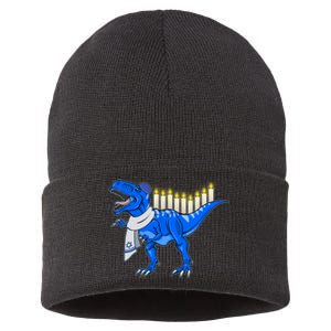 Funny Hanukah Menorasaurus T-Rex Dinosaur Sustainable Knit Beanie