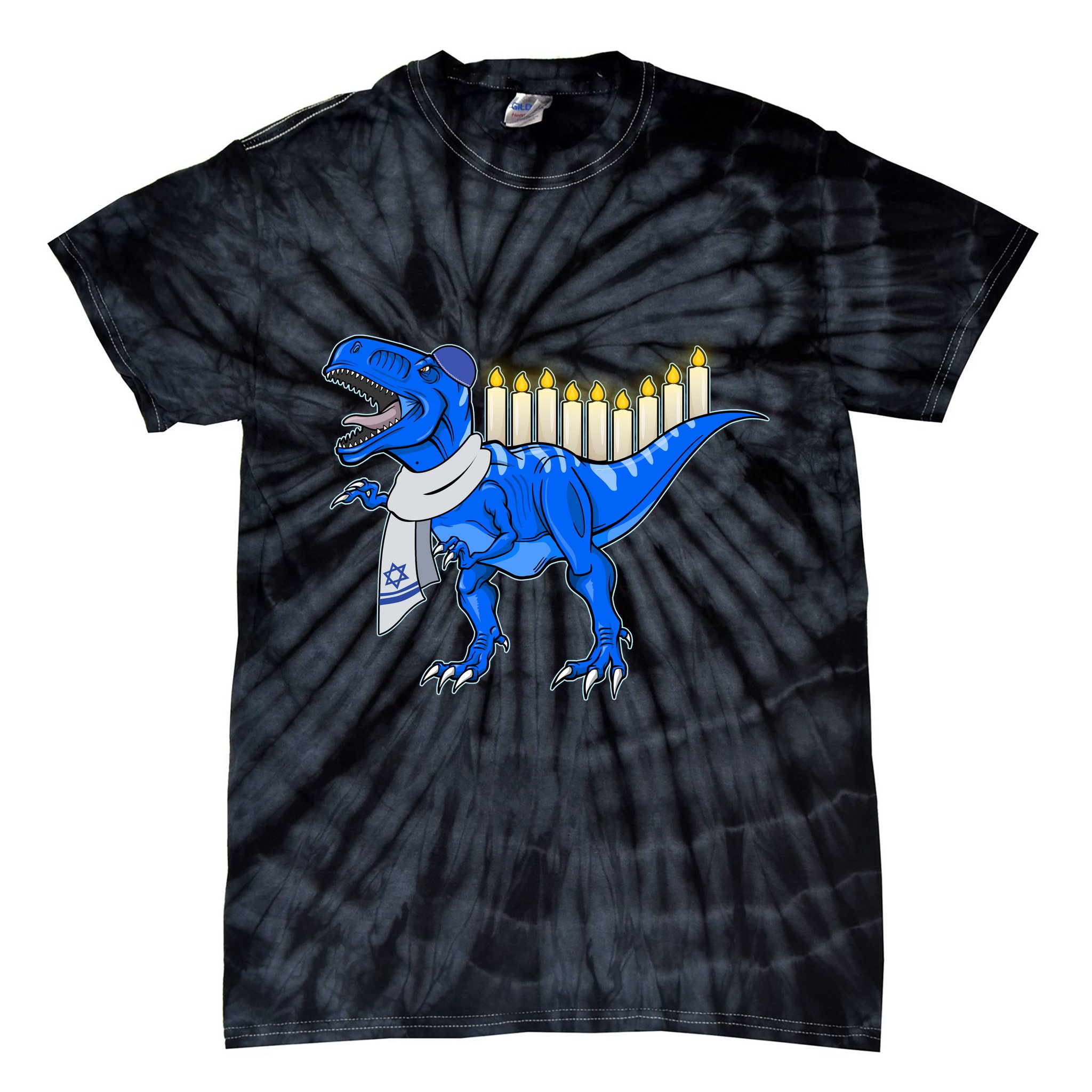 Funny Hanukah Menorasaurus T-Rex Dinosaur Tie-Dye T-Shirt