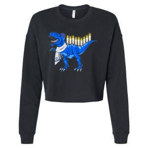 Funny Hanukah Menorasaurus T-Rex Dinosaur Cropped Pullover Crew