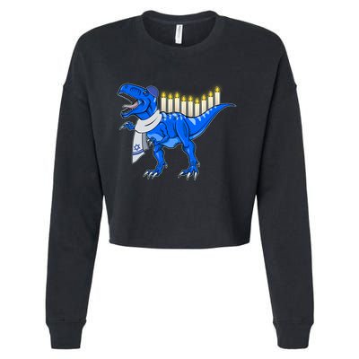 Funny Hanukah Menorasaurus T-Rex Dinosaur Cropped Pullover Crew