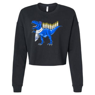 Funny Hanukah Menorasaurus T-Rex Dinosaur Cropped Pullover Crew