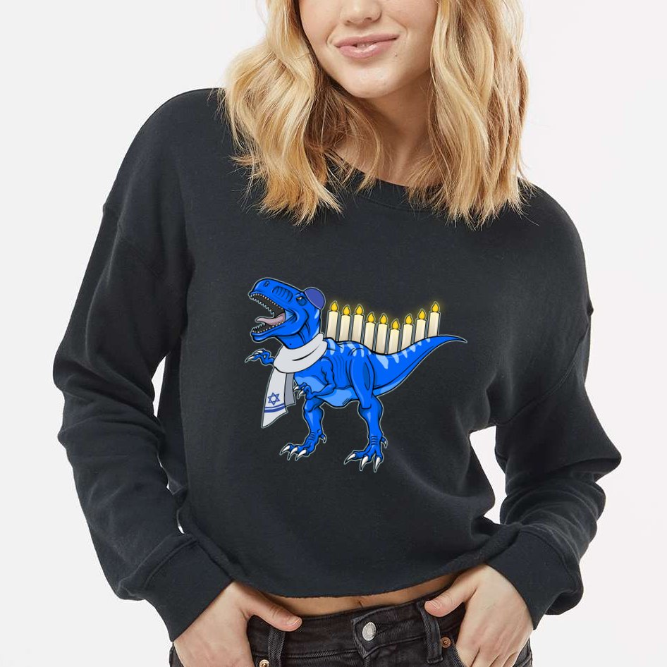 Funny Hanukah Menorasaurus T-Rex Dinosaur Cropped Pullover Crew