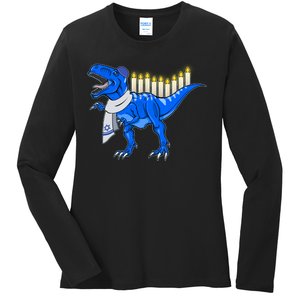 Funny Hanukah Menorasaurus T-Rex Dinosaur Ladies Long Sleeve Shirt