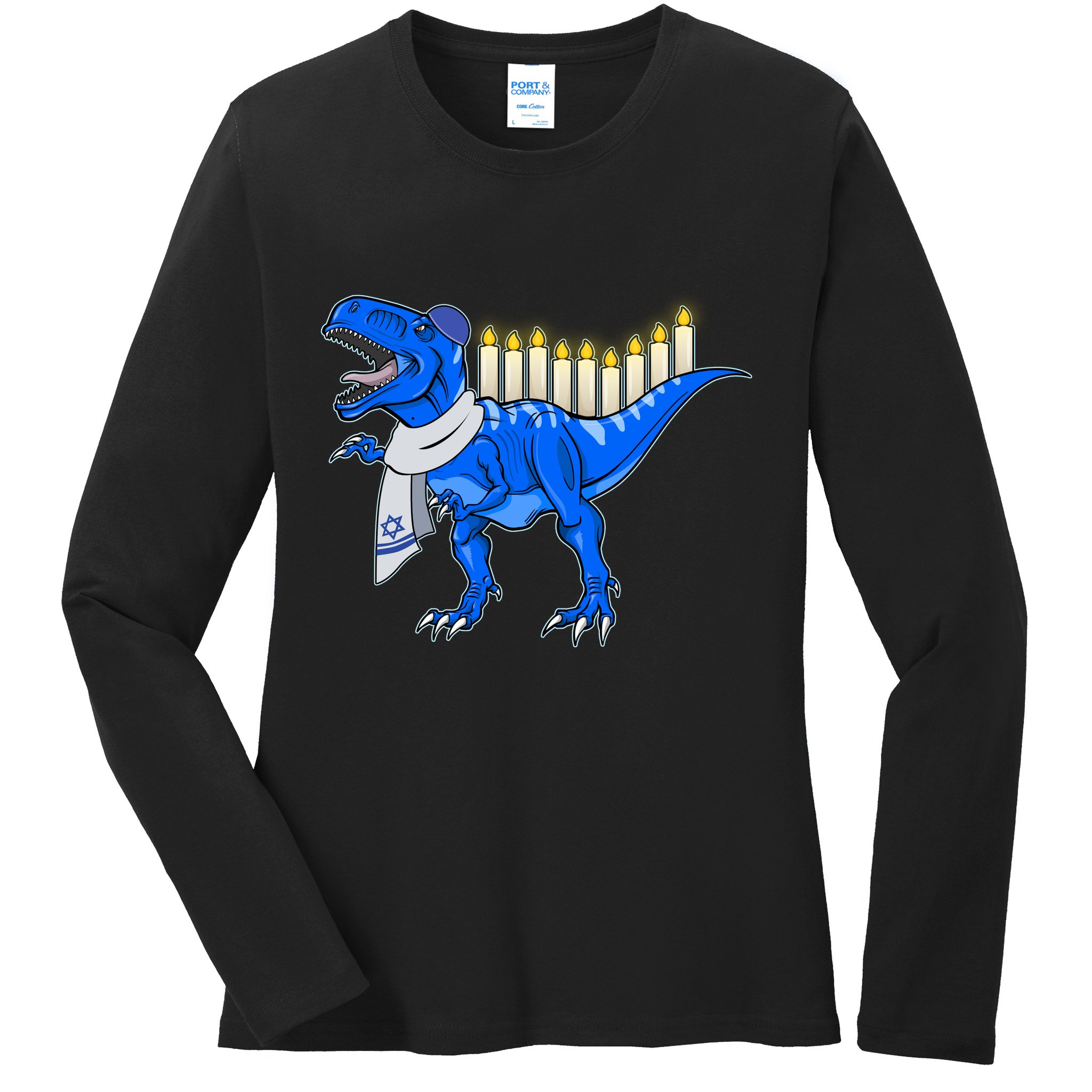 Funny Hanukah Menorasaurus T-Rex Dinosaur Ladies Long Sleeve Shirt