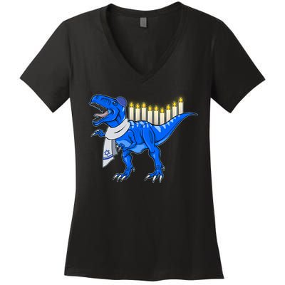 Funny Hanukah Menorasaurus T-Rex Dinosaur Women's V-Neck T-Shirt