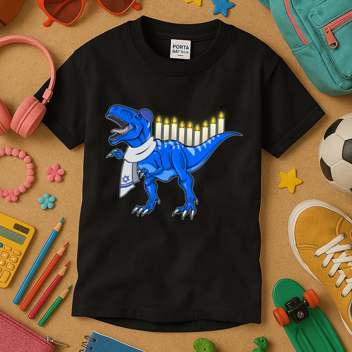 Funny Hanukah Menorasaurus T-Rex Dinosaur Kids T-Shirt