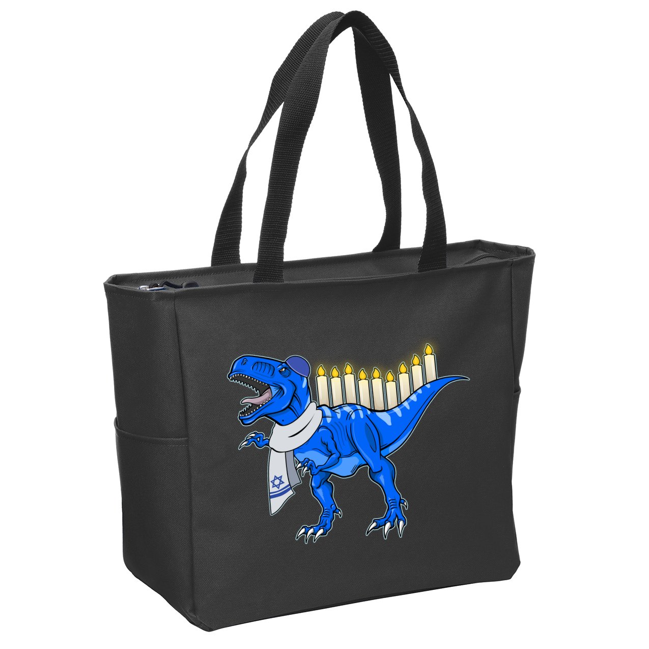 Funny Hanukah Menorasaurus T-Rex Dinosaur Zip Tote Bag