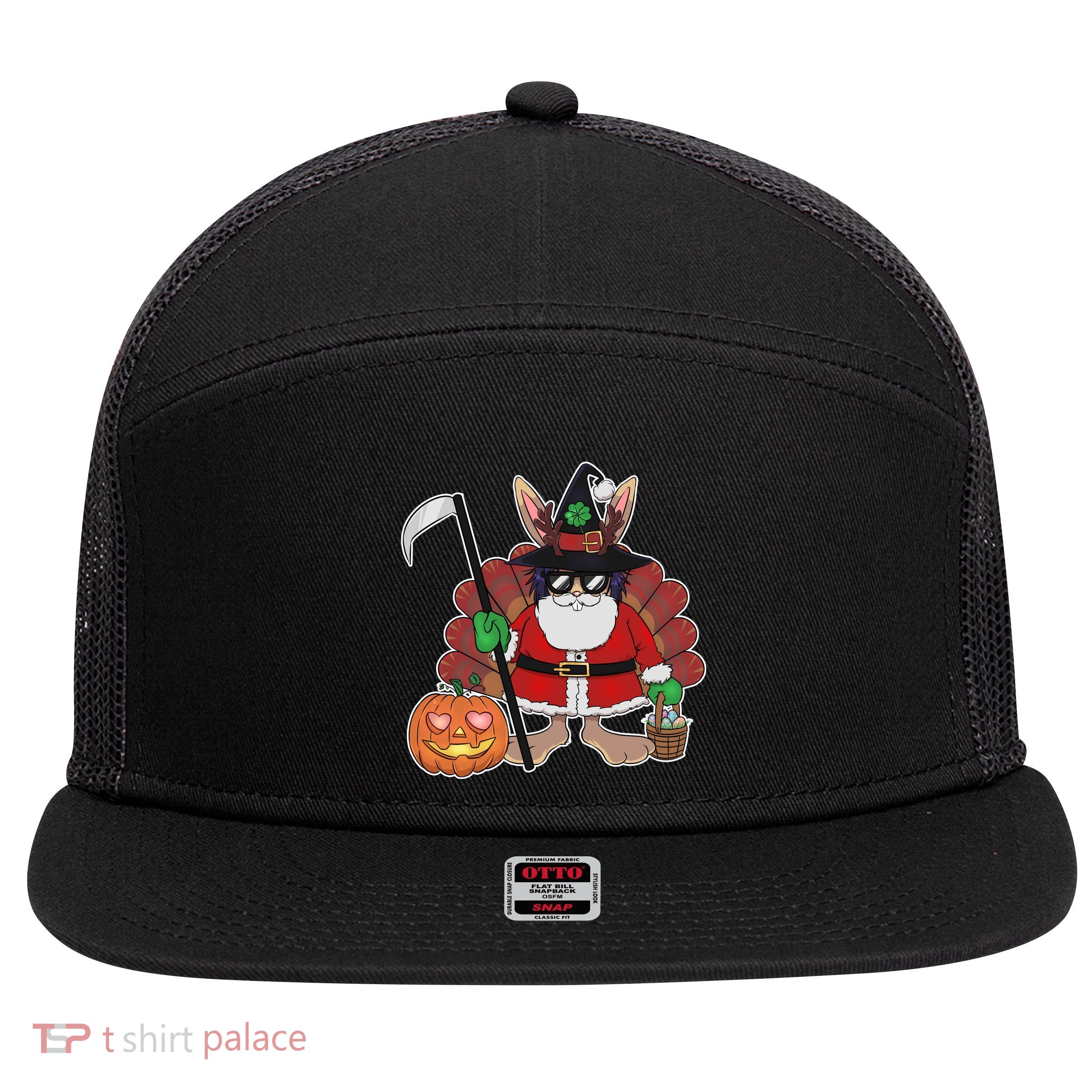 Funny Happy Merry Multiple Holiday 7 Panel Mesh Trucker Snapback Hat
