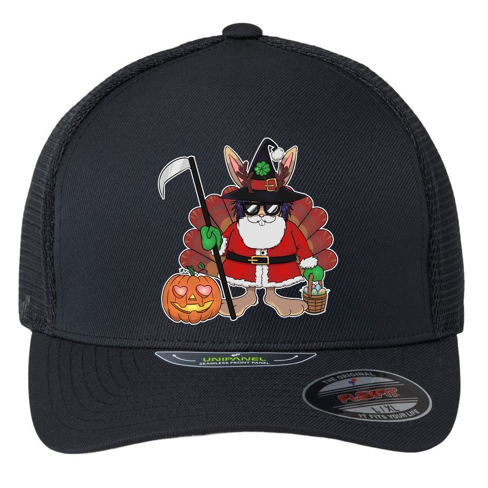 Funny Happy Merry Multiple Holiday Flexfit Unipanel Trucker Cap
