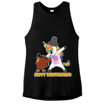 Funny Happy Thanksgiving Dabbing Turkey and Unicorn Ladies PosiCharge Tri-Blend Wicking Tank
