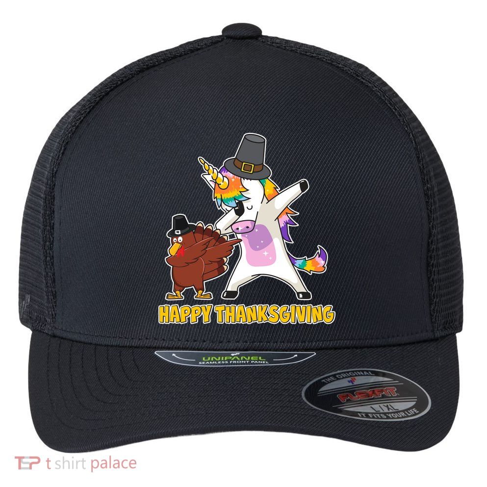 Funny Happy Thanksgiving Dabbing Turkey and Unicorn Flexfit Unipanel Trucker Cap
