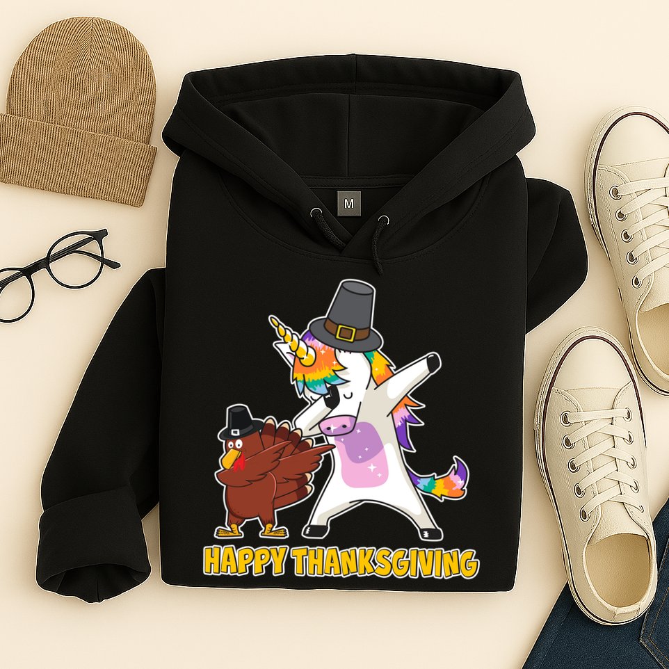 Funny Happy Thanksgiving Dabbing Turkey and Unicorn Hoodie