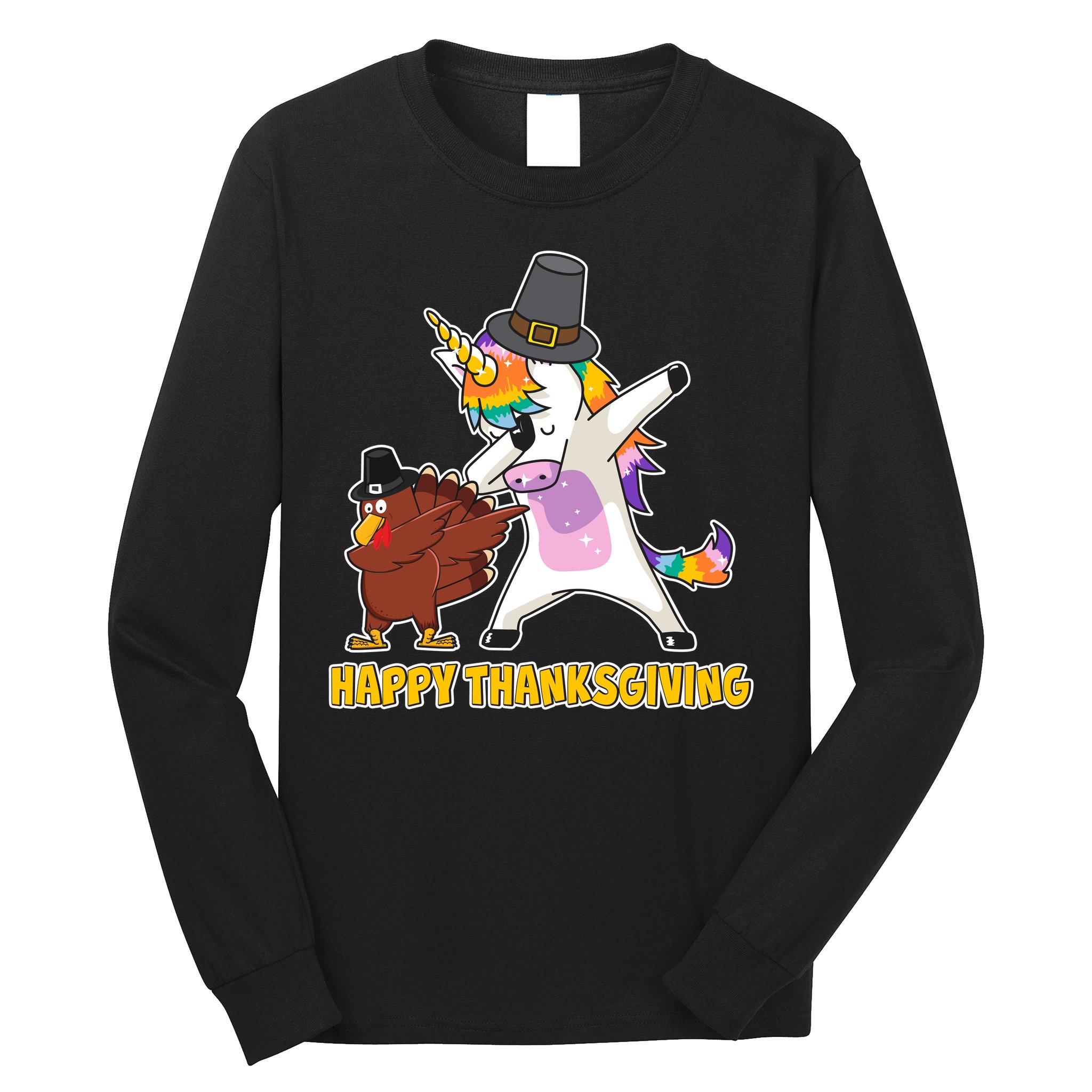 Funny Happy Thanksgiving Dabbing Turkey and Unicorn Long Sleeve Shirt