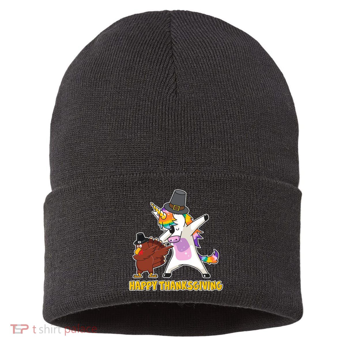 Funny Happy Thanksgiving Dabbing Turkey and Unicorn Sustainable Knit Beanie