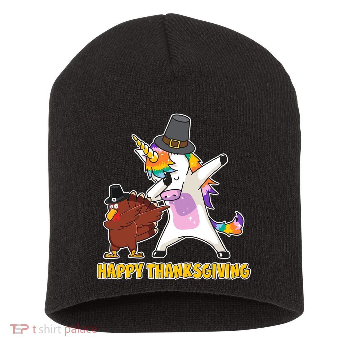 Funny Happy Thanksgiving Dabbing Turkey and Unicorn Short Acrylic Beanie