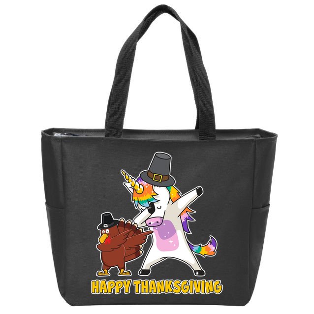 Funny Happy Thanksgiving Dabbing Turkey and Unicorn Zip Tote Bag