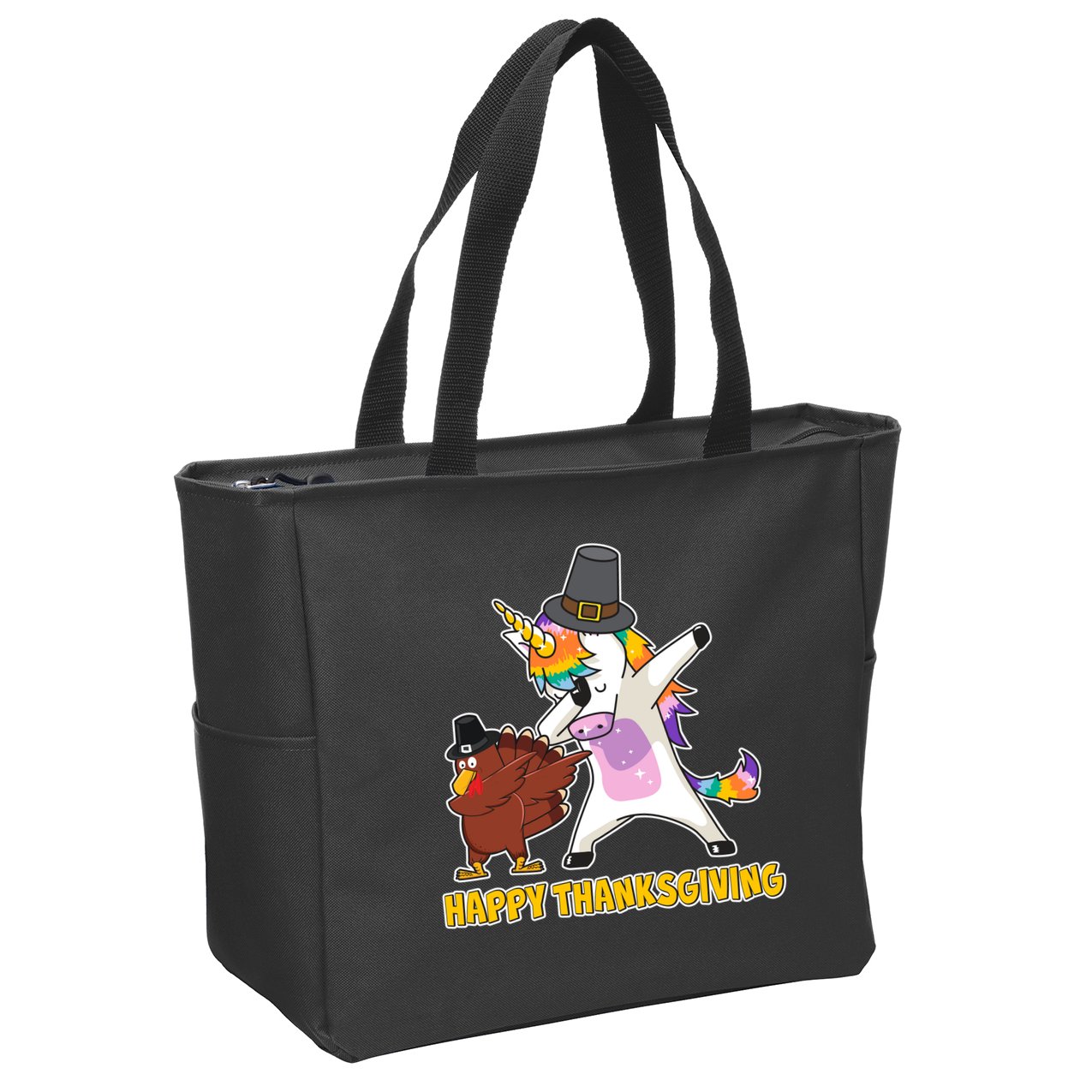 Funny Happy Thanksgiving Dabbing Turkey and Unicorn Zip Tote Bag