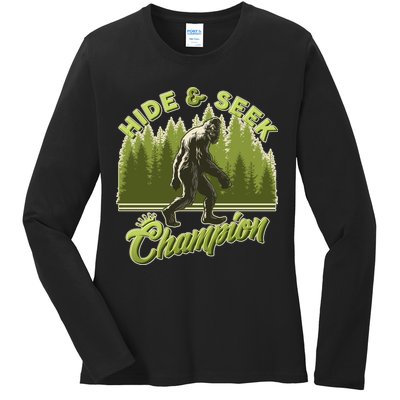 Funny Hide & Seek Champion Big Foot Sasquatch Monster  Ladies Long Sleeve Shirt
