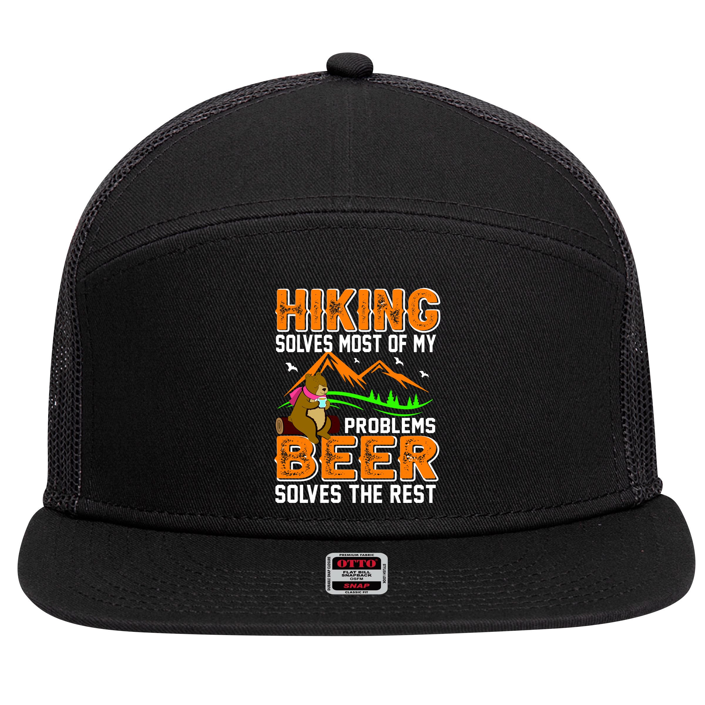 Funny Hiking Beer Solves Problems 7 Panel Mesh Trucker Snapback Hat